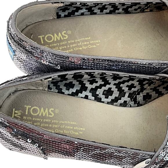 TOMS Womens Silver Sequin Peep Toe Wedge Heels Size W7 Glitter Party Shoes - Picture 10 of 12